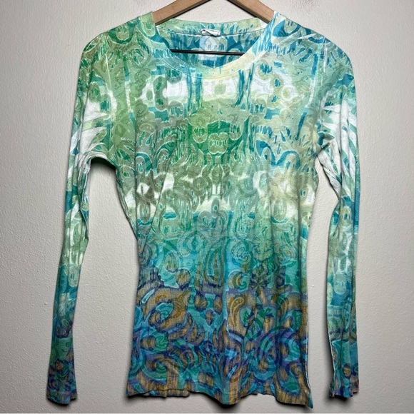 Laura‎ Ashley Active Women Top Medium Green Cyber Print Paisley Fitted - Picture 1 of 8